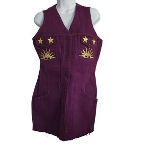 Vntg California Gold Rush Purple Embroidered Denim Button‎ Up Fitted Vest Sz Med
